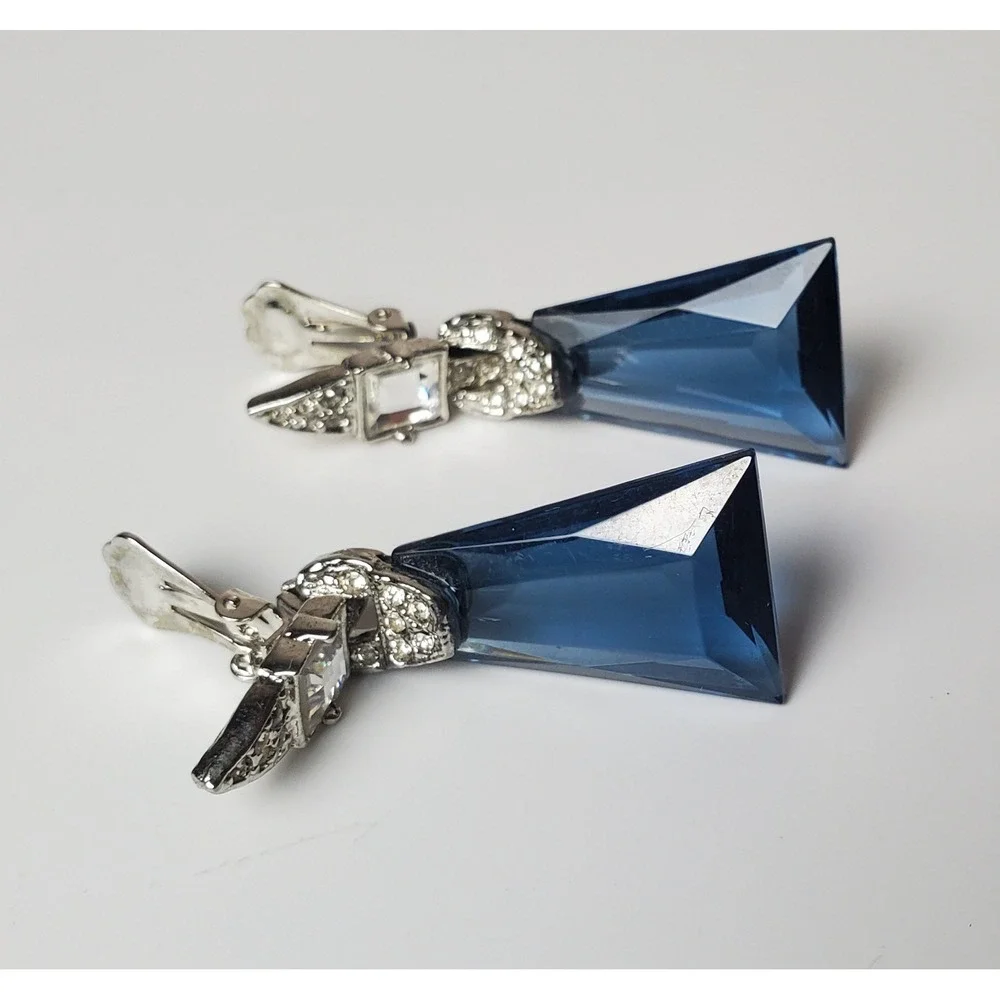 Kenneth Jay Lane Couture Collection Earrings Drop Deco Clip On Blue Hollywood - Picture 3 of 6